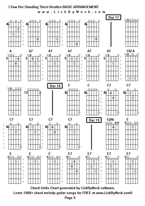 Chord Grids Chart of chord melody fingerstyle guitar song-I Saw Her Standing There-Beatles-BASIC ARRANGEMENT,generated by LickByNeck software.